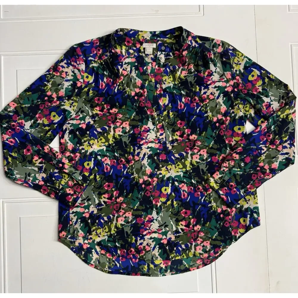 J. Crew Womens Sz S Abstract Floral Tunic Long Sleeve Blouse 1/2 Button Up